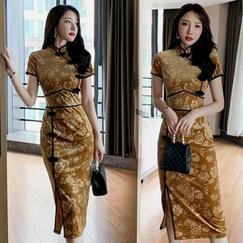 Chinese Women Dress Cheongsam Qipao Mandarin Collar Sexy Vestidos Split Handmade Button Cheongsams Oriental Party Velvet Dresses