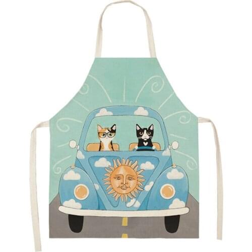 Women Kitchen Apron Cotton Linen Cartoon Cat Sleeveless Chef Cooking Aprons Kitchen Accessories 68X55CM