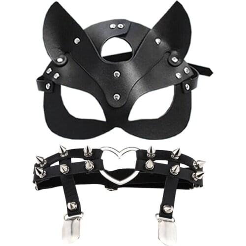 Fashion Elements Mask and Punk Hip Hop Sexy Heart-Shaped Leather Rivet Double Row Garter Belt Thigh Ring