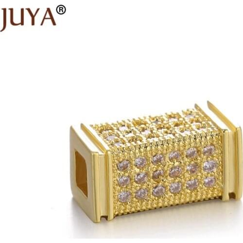 JUYA Fashion Designed Square Curved Long Tube Beads Gold Rose Gold For DIY Jewellery Making Copper Inlaid Cubic Zirconia
