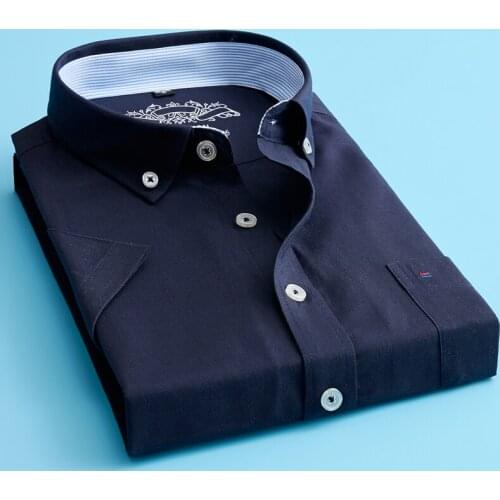 Mens Short Sleeve Solid Oxford Dress Shirt with Left Chest Pocket High-quality Male Casual Regular-fit Tops Button Down Shirts