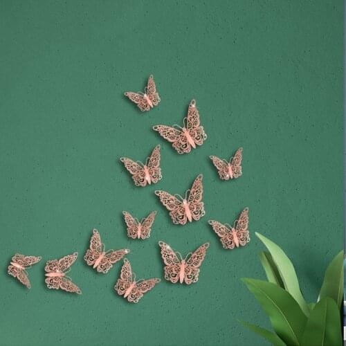 12pcs/Set Butterfly Wall Sticker Pseud Metal 3D Paper Hollow Out DIY TV Background Living Room Christmas Bedroom Home Decoration