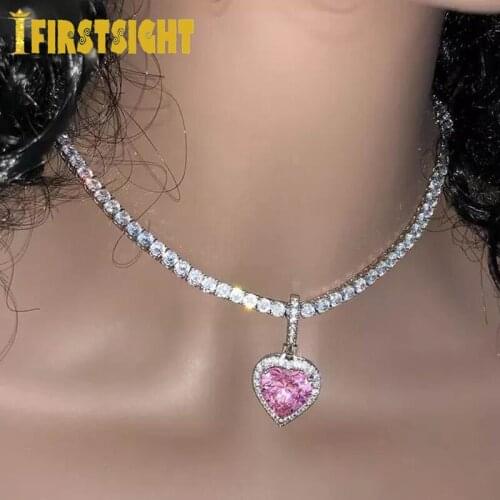New Silver Color 3mm Tennis Chain Heart Pendant Necklace Bling Iced Out Rainbow Cubic Zirconia Hip Hop Fashion Jewelry For Women