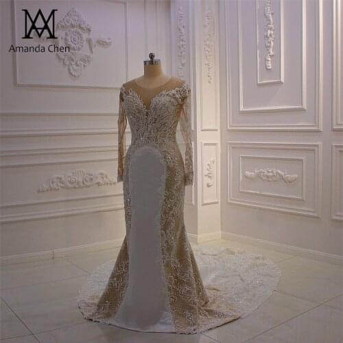 Nikah elbisesi Long Sleeve Lace Appliqued See Through Back Wedding Dress