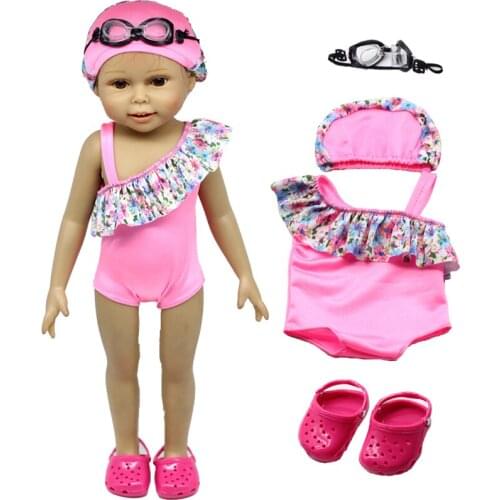 Pink Clothes For 18" Girl Doll Bikini + Cap summer Swimming Suit With Hat as for 18inch 43cm baby dolls toy