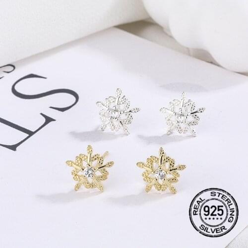 S925 Sterling Silver Snowflake Stud Earrings For Women Gold Zircon Sweet Simple Korean Fashion Girlfriend Wedding Jewelry INEFFA