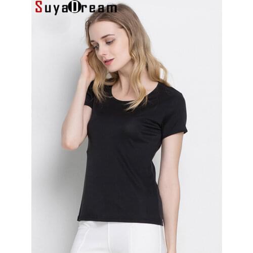 SuyaDream Woman Silk T shirt Real Silk Short Sleeved O neck Solid Basic Shirt Simple Summer Top