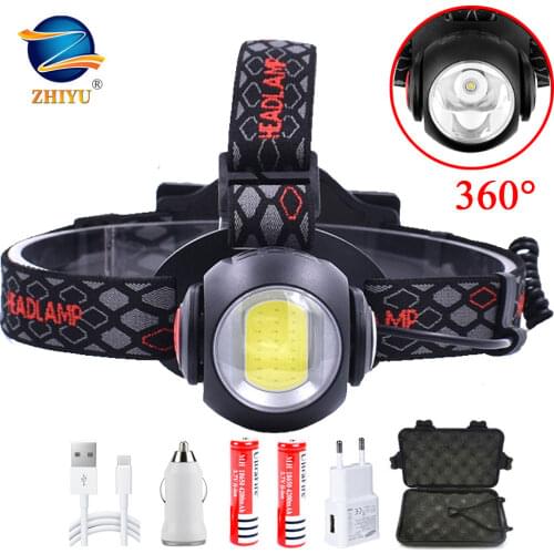 ZHIYU Powerful Zoom LED Headlamp T6 COB 2 Switch Red White Light Headlight USB Rechargeable 180 Rotating 18650 Head Flashlights