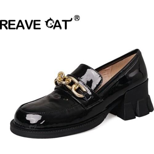REAVE CAT 2021 Genuine Leather Pumps Lofers Metal Chains Round Toe Platforms Slip On 5.5CM Thick Sole Block Heel US9 Black A4445