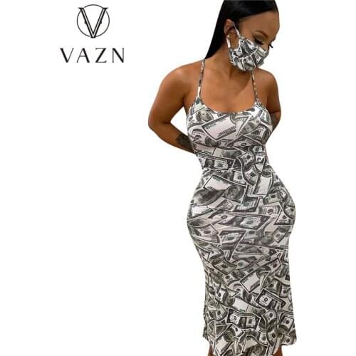 VAZN 2020 New Sleeveless Strap Print Party Dress Celebrity Striped Dresses Evening Gown Women Elegant Sexy