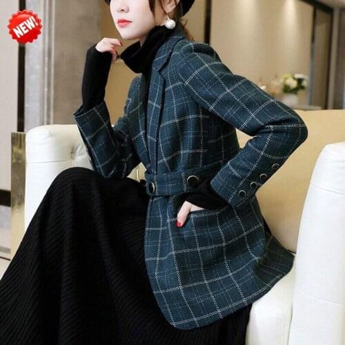 High-end Quality 2020 New Dark Green Retro Plaid Woolen Jacket Suit Collar Top