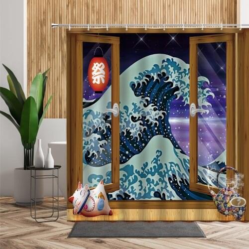 Japanese Bath Shower Curtain Sea Wave Pattern Hanging Curtains Open Window Scenery Wooden Polyester Fabric Bathroom Decors Set