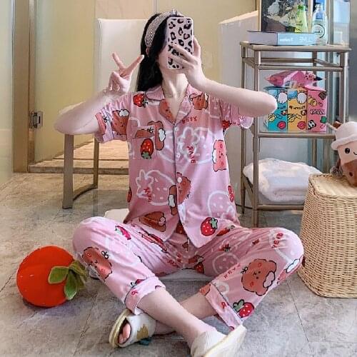 Women Home Wear Spring Summer Short Sleeved Women Pajamas Set Long Pant Pyjamas Sets Thin Cotton Leisure Mother Sleepwear Set