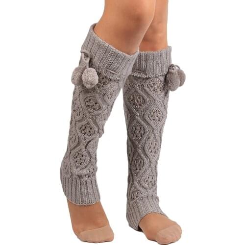 Women Fashion Knitting Footless Leg Warmers Knee High Boot Socks with Fur Ball New Years Socks