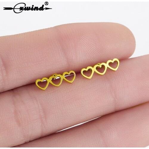 Cxwind Fashion Gold Hollow Love Heart Stud Earrings For Women Girl Simple Statement Three Hearts Earrings Gift brincos