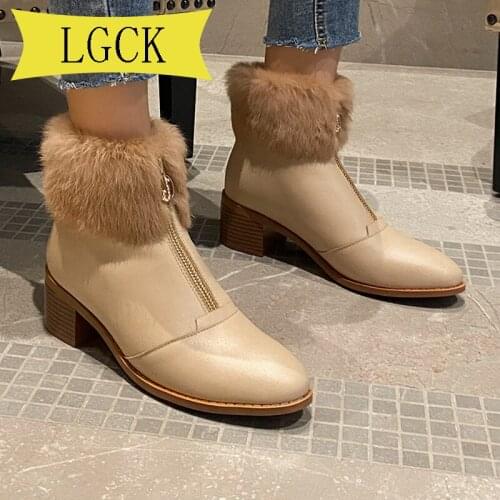 Plus Size 34-39 Women Snow Boots Genuine Leather Ankle Boots Winter Natural Rabbit Fur Comfortable Non-slip Waterproof Zip Boots