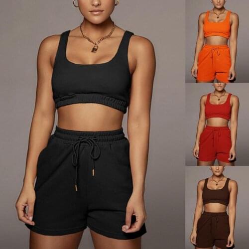 Two Piece Short Outfits Sleeveless Casual Tracksuit For Women Crop Top Tank Short Set