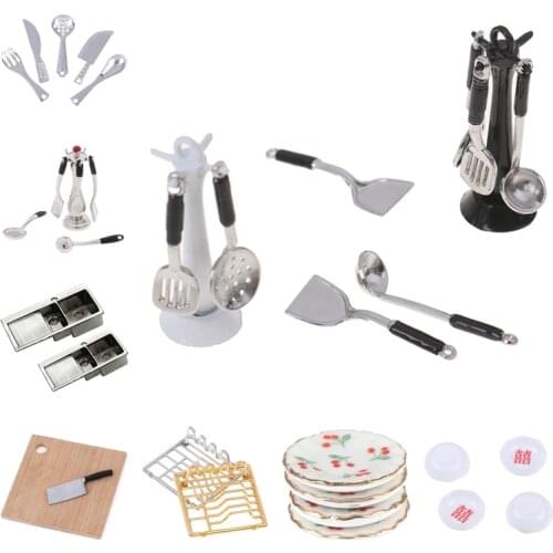 1:12 Mini Dollhouse Miniatures Tableware Cutlery Knife Fork Spoon Knife Chopping Block Dish Shelves Kitchen Food Furniture Toys