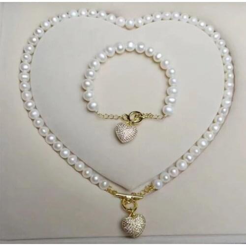 Free shipping natural 8-9mm white Pearl CZ Necklace bracelet set 925 silver micro inlay zircon clasp accessory jewelry