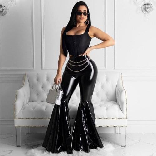 Black PU Faux Leather Pants Women High Waist Flare Pants Bell Bottom Ladies Trousers Streetwear Skinny Party Club Pants Pantalon
