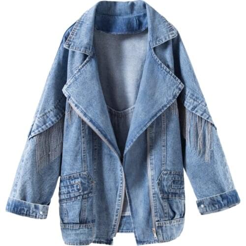 Spring Autumn Denim Jacket Female New Korean Loose BF Wild Retro Tassel Denim Jacket Woman Outerwear Harajuku Lapel Jackets