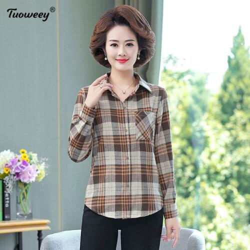 Elegant mom plaid Shirt Women Office Bottom Vintage Floral Print Top V plus size 5XL Blouse Autumn Spring Korea Shirts Blusas