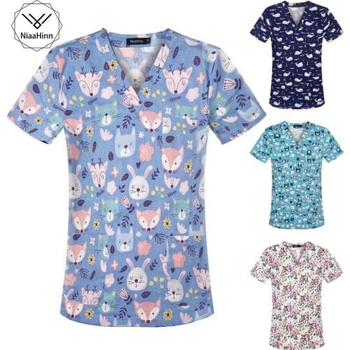 Women Cute Cartoon Print Nursing Scrubs Tops T Shirt Casual Short Sleeve Women Scrubs Uniforms Nurse V-neck Pocket Women Clothes