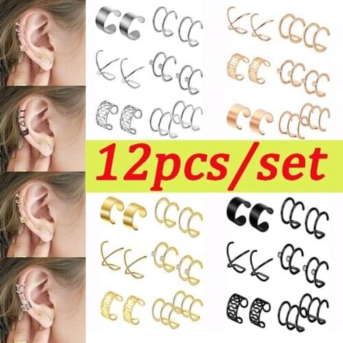 12 Pcs/Set Earring Set Iron Alloy Double Triple Hoop Ear Cuff Clip Tragus Cartilage Non Piercing Closure Jewelry No Piercing