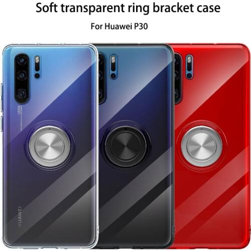 Soft tpu transparent phone case for huawei p30 lite new thin silicon finger ring bracket protective case for huawei p20 p20 pro