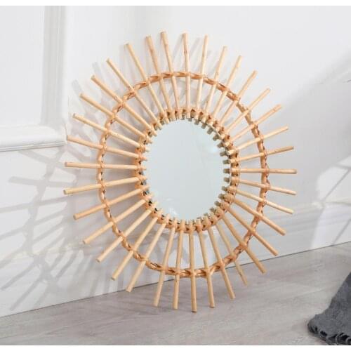 Rattan and Glass Wall Hanging Mirror Hand Woven Rattan Makeup Mirror for Bathroom Dressing Room Home Decoration