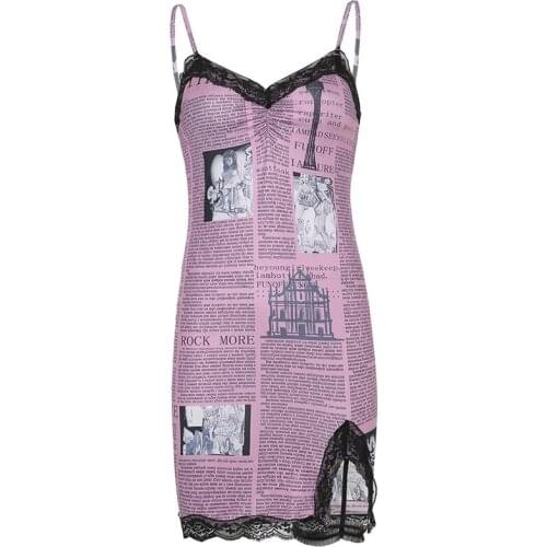 New sexy newspaper print slim high waist lace stitching suspender dress