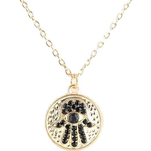 Trendytime 2019 new fashion gold eye hand crystal pendant necklace for women jewelry round coin charm necklace girl gift