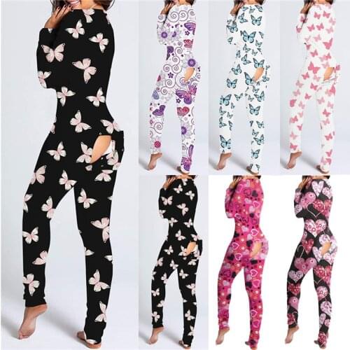 CHRONSTYLE Sexy Butterfly Print Bodycon Jumpsuit Long Sleeve Butt Flap Romper Women Sleepwear One Piece Nightwear Club Outfits