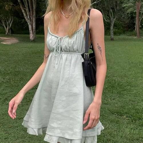 90s Fashion Drawstring Lace-up Ruffles Short Dresses Y2K Streetwear Backless Strapled Milk Maid Dress Green A-line 2021 Dress