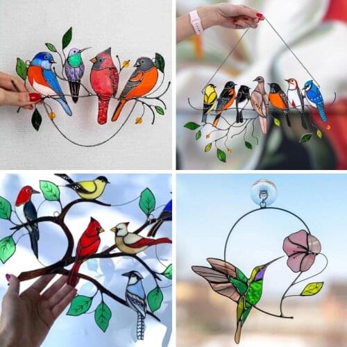 Multicoloured Bird On Wire High Stained Glass Shading Window Trim Panel Bird Painted Window Trim Home Decor