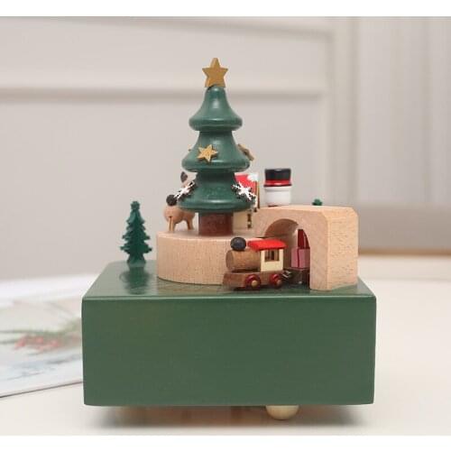 Mini Merry Christmas Music Box Wood Train Hand Operated Spin desktop decoration Crafts Holiday new year gift For Daughter