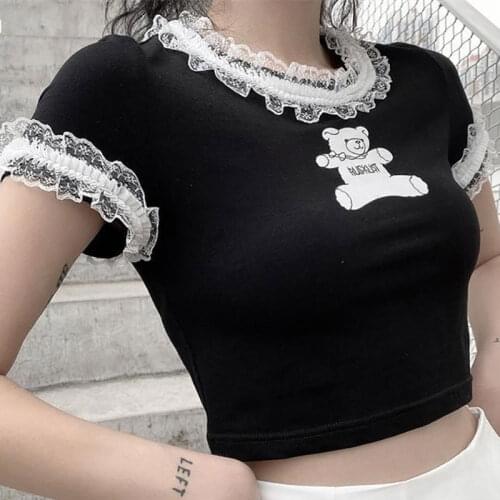 Goth T Shirts Fashion Kpop Bear Print Graphic Tees Summer Egirl Sexy Lace Crop Top Kawaii Grunge Emo Clothing Women Aesthetic