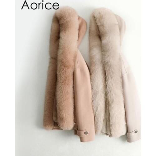 Aorice Women Fall Winter New Wool Fox Collar Jacket with Rabbit Fur Inside Parka Coat ZY126