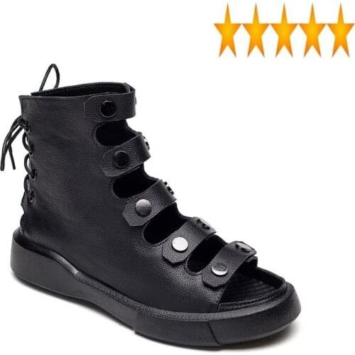 2021 Sandal New Summer Women Hollow Out Open Toe Genuine Leather High Top Shoes Female Fashion Outside Lace Up Gladiator Sandals