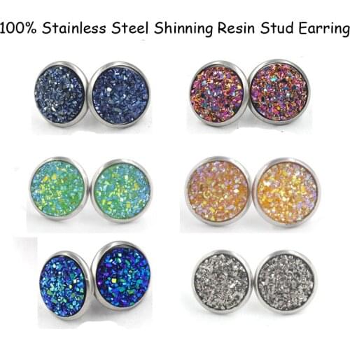 Fnixtar 12mm 100% Stainless Steel Shinning Resin Stud Earring for Women Top Quality Fashion Earrings Party Ear Jewelry