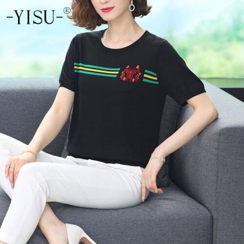 YISU 2021 Thin simple Women Sweater Summer O-Neck Short sleeve Loose Butterfly Embroidery Jumper Female Casual Knitted Pullover