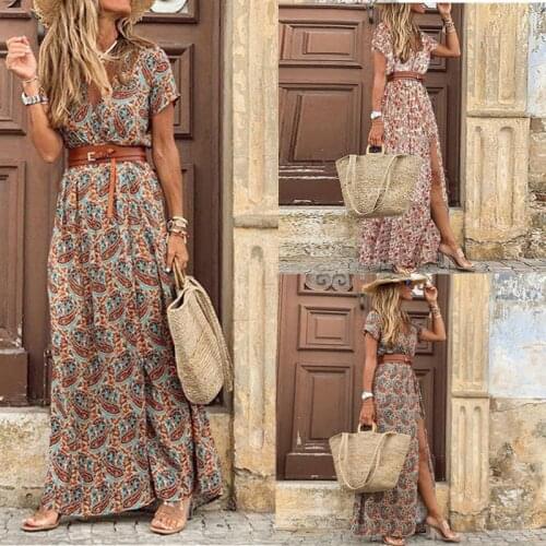 Fashion Boho Long Dresses for Women V Neck Short Sleeve Print Robe Femme Large Hem Beach Long Dress Elegant Womens Dress 2021