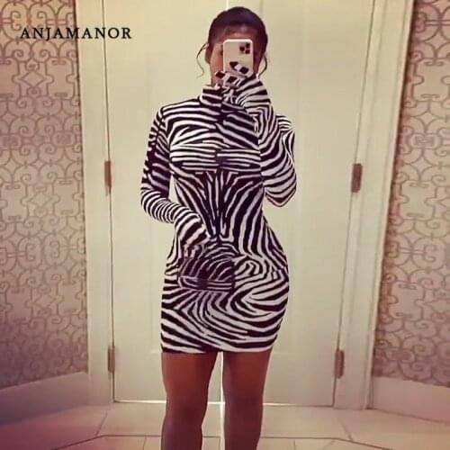 ANJAMANOR Zebra Print Bandage Mini Dresses for Women Clubwear Fashion Sexy Long Sleeve Bodycon Mini Dress with Gloves D70-BG21