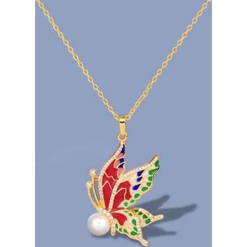 925 Silver Womens Necklace Color Epoxy Butterfly Pendant Inlaid Pearl Necklace Handmade Enamel Jewelry Womens Sweater Chain