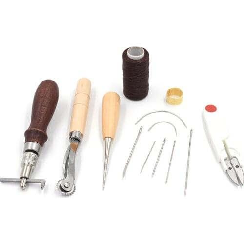 Handmade leather tools. Hand stitched leather tool accessories. DIY leather hand-mounted mold. Leather sewing kit
