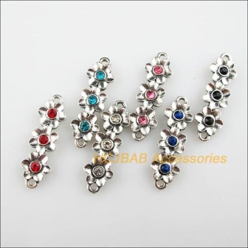 12 New 3-Flower Charms Tibetan Silver Color Crystal Mixed Connectors 8.5x28mm