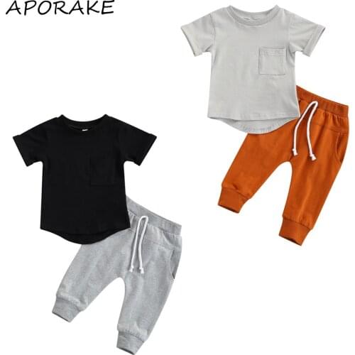 2021 0-24M Baby Boy Clothing Casual Style with Pocket Decoration Short Sleeve T-shirt+Elastic Waist Trousers Pants Summer 2pcs