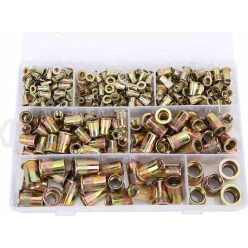 300Pcs Rivet Nut Flat Knurled Color-Plated Zinc Carbon Steel Fastener Hardware M3/4/5/6/8/10/12 Rivet Nut