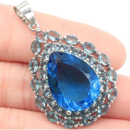 50x26mm Long Big Jewelry Set Created London Blue Topaz CZ For Womans Bride Engagement Dating Silver Pendant Earrings