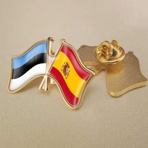 Estonia and Spain Crossed Double Friendship Flags Lapel Pins Brooch Badges